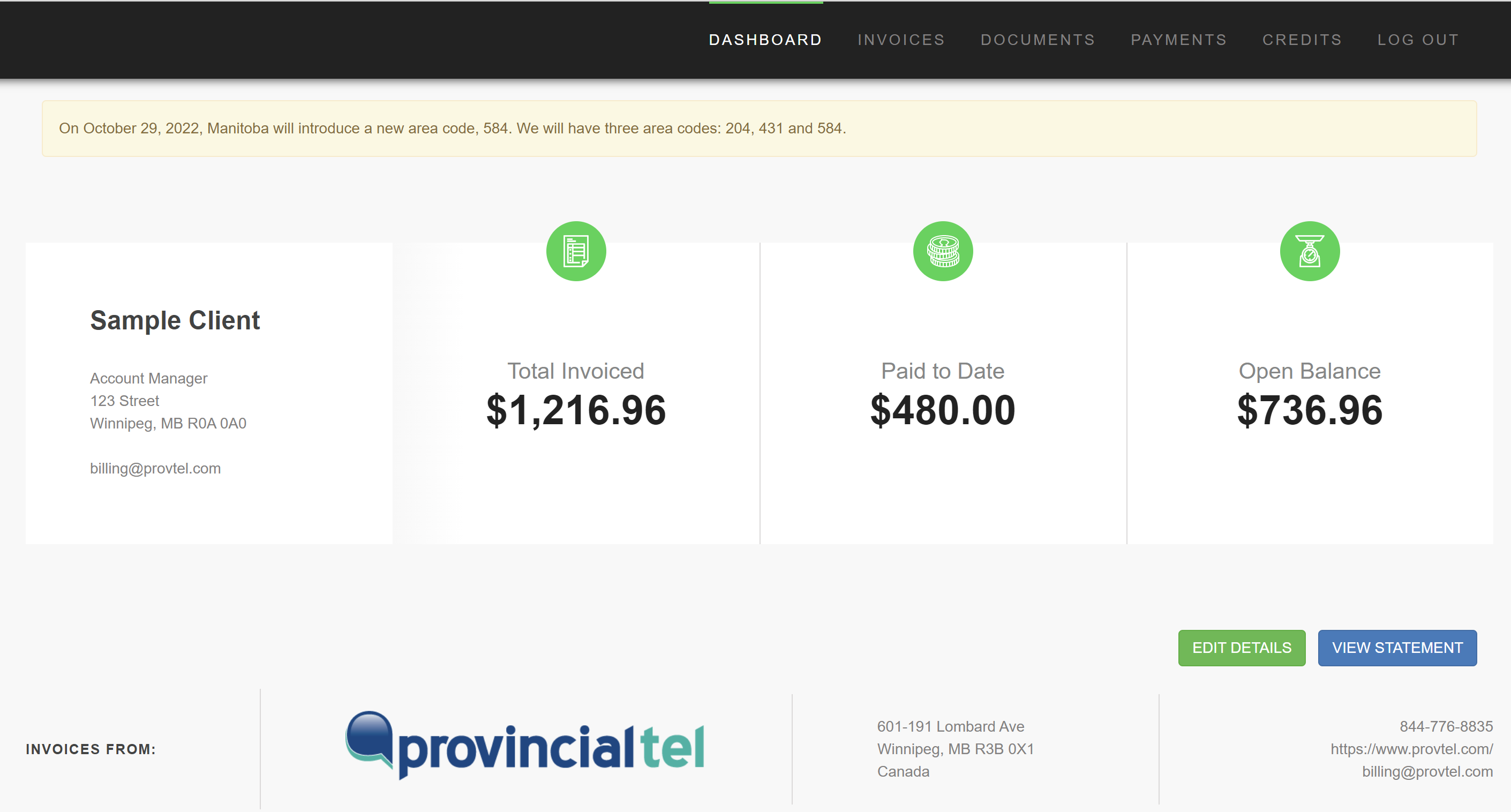 Provtel Client Portal - Dashboard