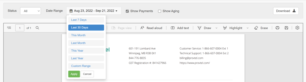 Client Portal - Your Provincial Tel Statement - Date Range Filter