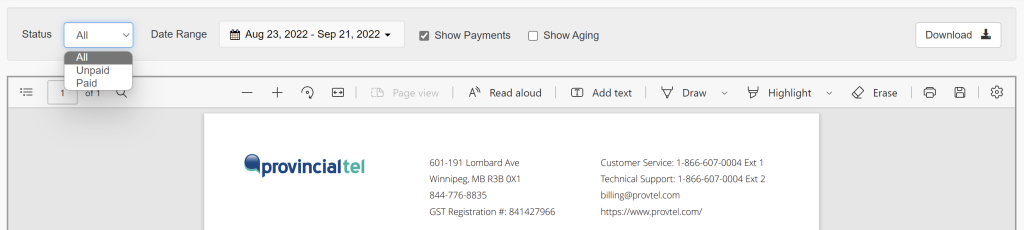 Client Portal - Your Provincial Tel Statement - Status Filter