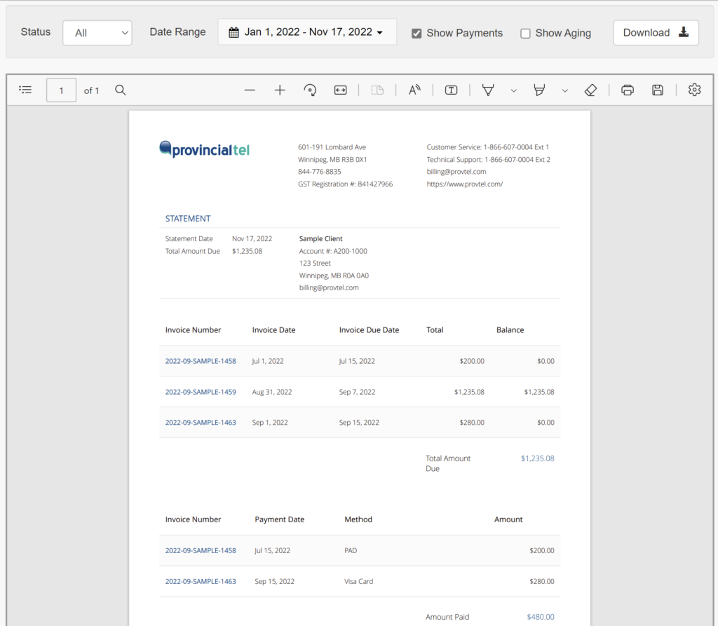 Client Portal - View Your Provincial Tel Statement - Date and Payments Filter