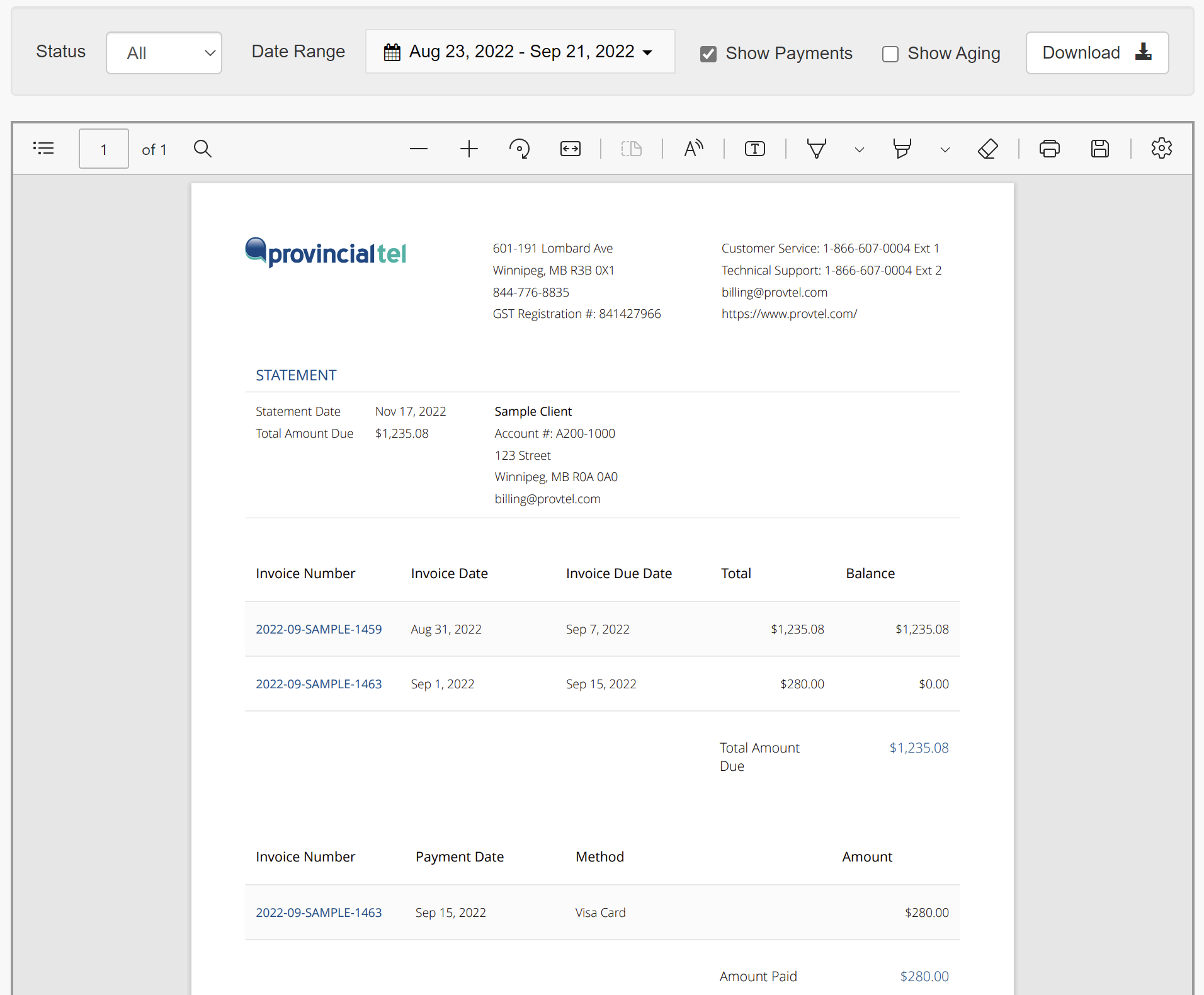 Client Portal - View Your Provincial Tel Statement - Default View